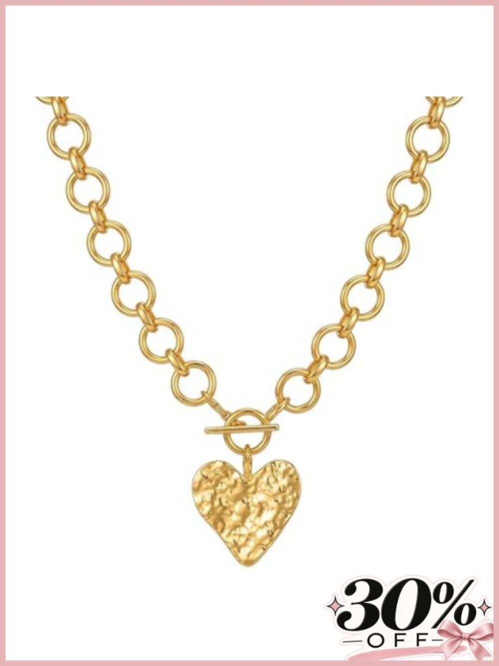 Chunky Gold Hammered Heart Necklace Toggle Clasp Women Statement Jewelry